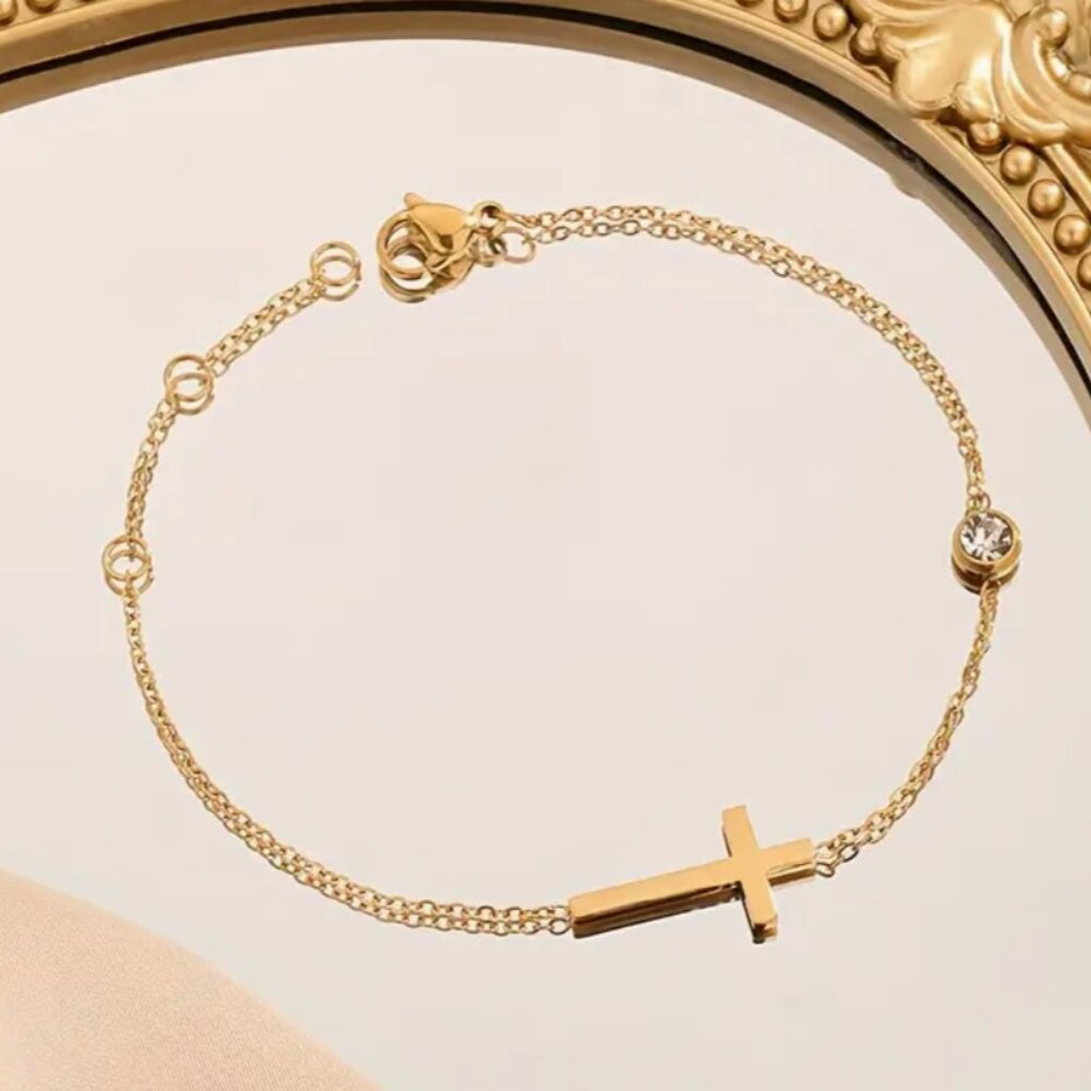 Callie Lives Christian Cross Stainless Steel Gold Tone Diamond Drop Bracelet - Picture 2 of 3